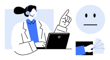 Call center agent using a laptop with a headset, addressing a query. Payment transaction and neutral feedback icon shown. Ideal for customer support, payment, feedback, service, communication