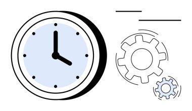Clock face with visible gears in motion, symbolizing time, efficiency, teamwork, and workflow. Ideal for productivity, planning, business process organization strategy and progress. Simple flat