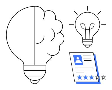 Brain shaped light bulb symbolizes innovative thinking, second bulb illustrates ideas, profile with stars signifies evaluation. Ideal for creativity, innovation, brainstorming, performance review