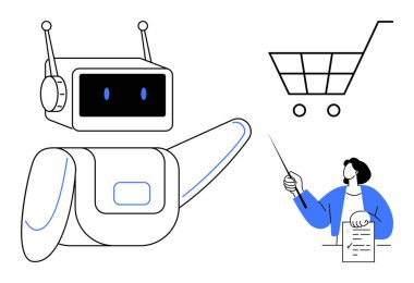 Robot gesturing towards a shopping cart, female figure pointing at list. Ideal for e-commerce, technology, AI solutions, retail, innovation, automation consumer behavior. Simple flat metaphor