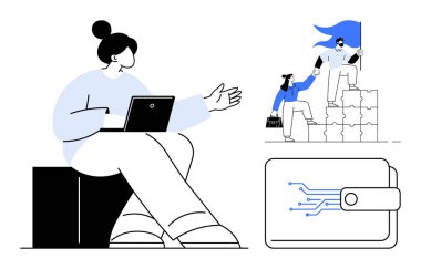 Person with laptop discussing, team climbing cube steps with flag, and wallet with tech circuitry. Ideal for teamwork, leadership, technology, finance, communication, digital business progress