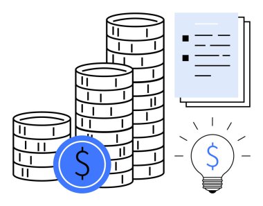 Stacked coins signify income or savings, lightbulb denotes innovation or investment ideas, and document represents financial planning. Ideal for finance, budgeting, savings, investment, innovation