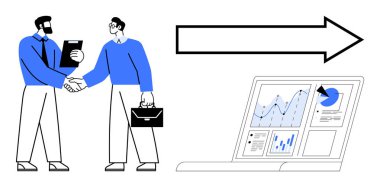 Professionals shaking hands, symbolizing partnership, with a laptop displaying charts and graphs for data analysis. Ideal for collaboration, teamwork, business success, strategy, goal setting