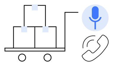 Handcart carrying boxes, microphone icon, and phone receiver illustrating coordination, delivery, remote work, customer support, e-commerce, technology supply chain. Ideal for simple flat metaphor