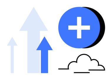Growth concept. Growth by upward arrows, a plus icon, and a cloud progress and advancement. Growth in business, technology, innovation, financial success, and data solutions