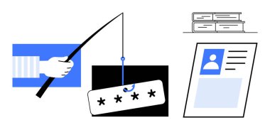Phishing concept. Phishing targeting cybersecurity threats through password theft and personal data phishing. Phishing impacts online safety and user data. For cybersecurity, tech, digital security