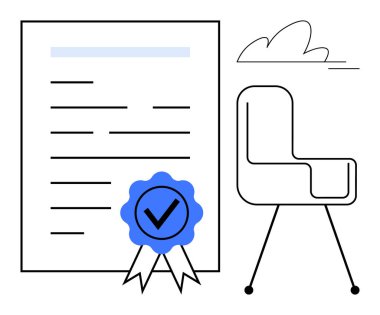 Certification document with a blue approval seal beside a modern office chair and abstract cloud accents. Ideal for achievement, recognition, education, professional success, workplace goals, quality
