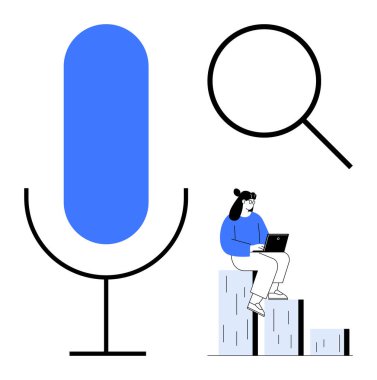 Large microphone, magnifying glass symbol, and seated woman analyzing data on charts. Ideal for technology, analytics, research, voice recognition, progress, digital tools and modern communication