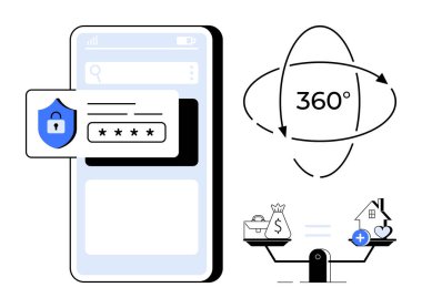 Cybersecurity concept. Cybersecurity symbols with secure login interface, password protection, balance scale, and 360 analysis for financial and personal data safety. For fintech, apps, and security