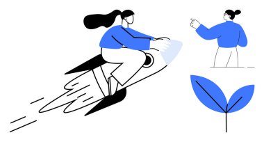 Woman flying on a rocket symbolizing progress and ambition, alongside leaf growth icon and a guiding figure. Ideal for business, innovation, startup, leadership, direction, growth success. A simple
