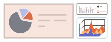 Pie chart, bar graph, line graph, and 3D area graph illustrating data analysis, performance tracking, forecasting, and trends analysis. Ideal for business, reports analytics statistics finance