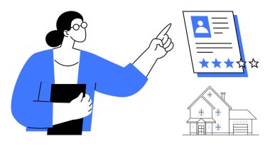 Person holding documents pointing at a client profile with star ratings beside a house illustration. Ideal for real estate, property management, profile reviews, client assessment, housing market
