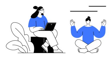 Woman working on a laptop while sitting near plants, paired with a meditation in lotus position for calmness. Ideal for mindfulness, work-life balance, productivity, wellness, self-care, focus