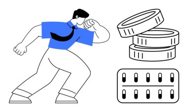 Professional man in motion symbolizing energy and ambition, accompanied by stacked coins and a calculator panel. Ideal for themes of finance, success, business planning, investment, leadership