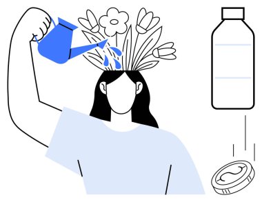Woman watering flowers growing from her head symbolizing personal growth. Nearby bottle and drop implying sustainability. Ideal for mindfulness, wellness, improvement, nature, thinking, ecology