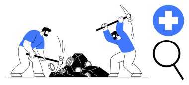 Two men using tools to break rocks, complemented by a magnifying glass and plus sign, representing teamwork, problem-solving, research, healthcare, discovery, resilience and collaboration. Simple