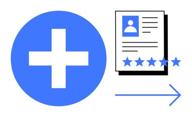 Artı simge, profil belgesi 5 yıldızlı ve sağa bakan ok. Sağlık hizmetleri, profesyonel hizmetler, başvuru süreci ve kalite güvencesini temsil ediyor. Sağlık uygulamaları için ideal, HR