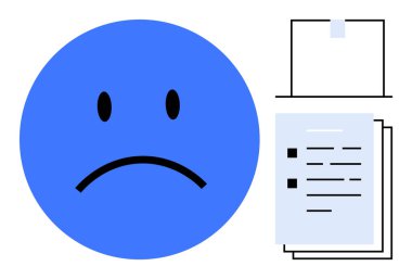 Belgelerin yanında mavi üzgün yüz aşırı çalışma, stres ve tatminsizliği vurguluyor. Konu başlıkları için idealdir. Stres, iş yükü, tükenme, bıkkınlık, olumsuzluk, ofis sorunları üretkenlik mücadeleleri