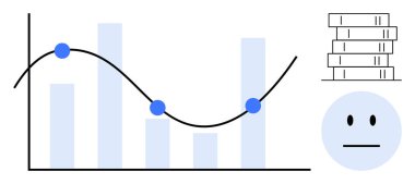 Eğilim çizgisi ve veri noktaları olan çubuk grafik, kitap yığını ve nötr yüz yansıtma analizi. Veri analizi, rapor yazma, karar verme, eğitim, araştırma, değerlendirme için idealdir.