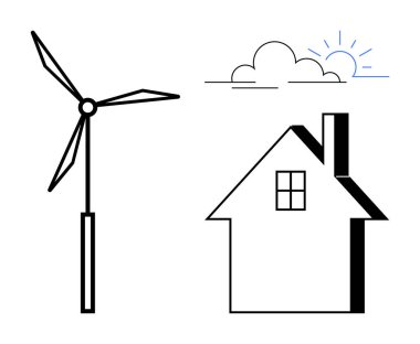 Bir rüzgar türbini, bir ev ve yenilenebilir enerji çözümlerini temsil eden bulutların arkasında bir güneş. Enerji, sürdürülebilirlik, çevre, yenilik, ekoloji, iklim değişikliği, temiz teknoloji temaları için ideal