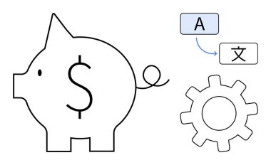 Dolar işaretli domuz kumbarası, metin çeviri sembolleri ve birikimleri, küreselleşmeyi ve operasyonları sembolize eden ekipman. Finans, dil, otomasyon, ekonomik verimlilik stratejisi için ideal basit