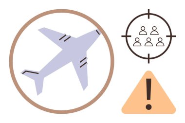 Uçak kuşatıldı, dikkat üçgeni ve hedef grup sembolü. Havacılık, güvenlik, seyahat riski, hava taşımacılığı güvenliği için ideal hedef kitle acil karar verme mekanizması. Basit düz