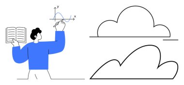 X-Y ekseni üzerinde tek tek çizim grafiği açık bir kitap tutarken, iki stilistik bulut şeklinin yanında. Eğitim, veri analizi, öğrenme, yaratıcılık, yenilik, teknoloji, soyut sanat için ideal