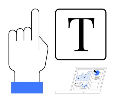 Analiz ve çizelgeleri gösteren bir dizüstü bilgisayarın yakınındaki bir metin ikonuna dokunmak. Teknoloji, iletişim, veri analizi, UIUX, dijital öğrenme, araştırma, otomasyon için ideal. Basit düz metafor