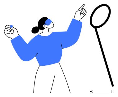 Bir kadın büyütece doğru hareket ediyor ve elinde küçük bir nesne tutuyor. Yanında kalem olsun. Yaratıcılık, analiz, keşif, beyin fırtınası, odaklanma ve verimlilik eğitimi için idealdir. Basit düz