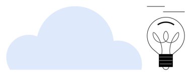 Mavi bulut sembolü, minimalist ampul çizimi, teknoloji, yenilik, beyin fırtınası, bulut depolama, dijital çözümler, yaratıcılık ve sürdürülebilirlik dışında. Basit düz metafor