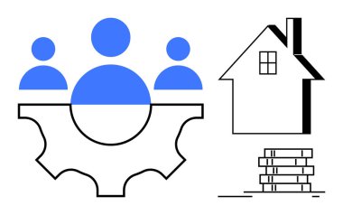 İnsanlar takım çalışmasını temsil eden ekipmanların üzerindeki figürler ve inşaatı simgeleyen tuğlalar. Takım çalışması, konut, işbirliği, planlama, gayrimenkul, kalkınma, toplumsal büyüme için ideal. A