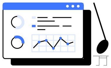 Grafikler, grafikler ve veri görselleştirmesi içeren analitik gösterge paneli. İş, finans, istatistik, strateji, sunum teknolojisi eğitimi için ideal. Basit düz metafor