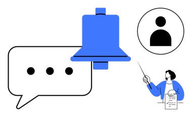 Noktalı konuşma balonu, bildirim zili, kullanıcı profili simgesi, belgeyi gösteren eğitmen. İletişim, eğitim, takım çalışması, alarmlar, kullanıcı etkileşimi uzmanlığı için ideal