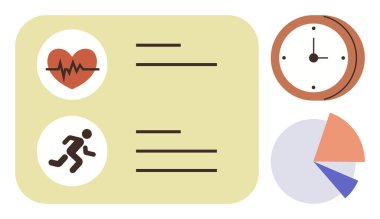 Kalp atışı ve çalışan simgeler veri çizgileri, zaman çizelgesi için saat ve veri görselleştirmesi için pasta grafiği ile eşleştirildi. Sağlık takibi, fitness, zaman yönetimi, veri analizi, programlama için ideal