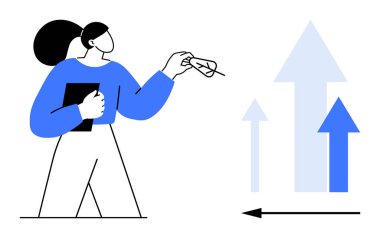 İş büyümesi. Yükselen oklar ve potansiyel büyüme ile stratejileri analiz eden profesyonel bir kadın. Planlama, strateji, yenilik, ilerleme ve başarı konularındaki iş büyümesi fikirleri