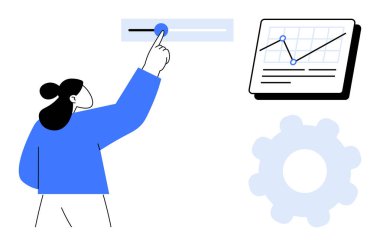 Kadın ayarlanabilir metrik kaydırıcı, analitik çizelge ve vites simgesi ile etkileşimde. İş, optimizasyon, analitik, karar verme, strateji, teknoloji verimliliği için ideal