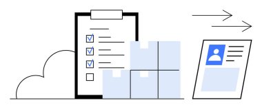 Lojistik konsept. Bir kontrol listesi, nakliye kutuları ve dijital kimlik üzerinden lojistik. Lojistik, paket takibi ve teslimatı garantiliyor. Nakliye, tedarik zinciri ve e-ticaret çözümleri için ideal