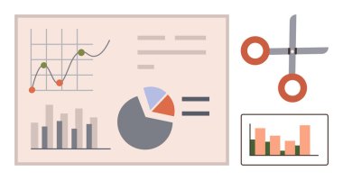 Veri analizini, karar verme mekanizmasını ve kaynak optimizasyonunu temsil eden grafikler, pasta grafiği, bar grafiği ve makas. İş planlaması, analitik, araştırma stratejisi finans eğitimi için ideal
