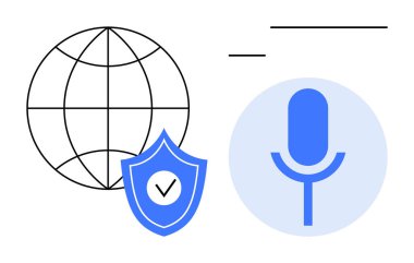 Mavi çemberin içinde işaretli bir kalkanı ve mikrofonu olan bir dünya. İletişim, teknoloji, siber güvenlik, ses tanıma, küresel erişim, çevrimiçi medya, güvenli veri metaforu, basit