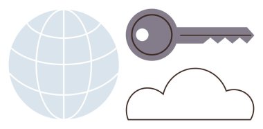 Küre, anahtar ve bulut elementleri dünya çapında erişimi, siber güvenliği ve bulut deposunu temsil ediyor. Veri koruması, şifreleme, küresel bağlantı, bulut hesaplama güvenli erişim için ideal