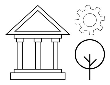 Sütunları, vitesi ve yönetim, sürdürülebilirlik ve kalkınma temalı bir ağaç olan klasik bina. Hükümet, strateji, yenilik, çevre organizasyonu endüstrisi için ideal