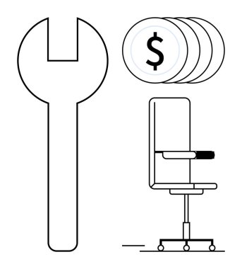 Üretkenliği, iş verimliliğini, yatırımı, finansal büyümeyi, araçları, tamiratı ve kariyer fırsatlarını ön plana çıkaran anahtar, sikkeler ve ofis başkanı. İş yeri stratejisi maliyet denetimi için ideal