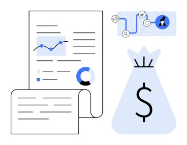 Haritalı ve grafikli iş raporu dolar işaretli para çantası güvenlik ve ticaret için dijital ağ simgeleri. Finans, yatırım, pazarlama, e-ticaret, analitik ve fintech için ideal