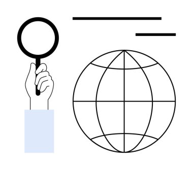 Küresel bir illüstrasyonun yanında el ele tutuşan büyüteç keşif, analiz ve küresel bağlantıyı sembolize ediyor. Araştırma, arama araçları, küresel meseleler, eğitim ve internet verileri için ideal
