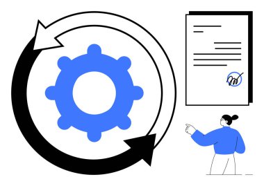 Döngüyü temsil eden oklarla çerçevelenmiş mavi dişliler, imzalı bir simge ve işaret eden bir kişi. Yenilik için ideal, üretkenlik, iş akışı, organizasyon, onay, teknoloji sade düz