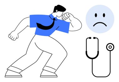 İşyeri harabesi. Steteskop ve hüzünlü yüz ikonu olan, stresli bir çalışanın, iş yerindeki tükenmişliği resmedilmiş. İşyeri tükenmesi sağlık ve verimliliği etkiliyor. Sağlık ve stres için.