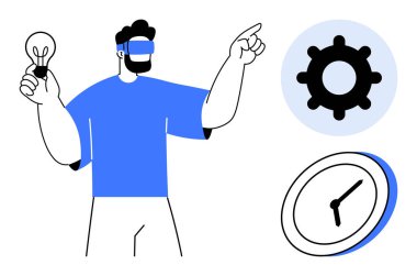 VR kulaklık takan kişi fikirleri araştırıyor, elinde ampul tutuyor, dişli ve saatli yenilik, üretkenlik ve yaratıcılığı vurguluyor. Temalar için ideal teknoloji, gelecek, zaman, çözümler