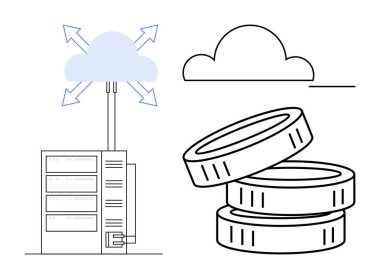 Veri sunucularından bulut yüklemeleri, mali ve büyümeyi sembolize eden bozuk paralar. Teknoloji, bulut hesaplama, finans sistemleri, çevrimiçi hizmetler, ağ, iş yeniliği, dijital