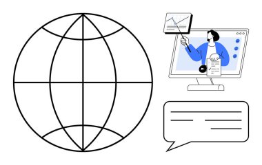 Küresel iletişim kavramı. Bir videodaki kişi uzaktan eğitimi ön plana çıkarırken, bir kürenin bağlanabilirliği. Küresel iletişim ağ oluşturma, sanal işbirliği ve çevrimiçi öğrenmeyi destekler