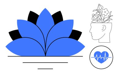 Mavi nilüfer çiçeği, çiçekli baş farkındalığı ve kalp sağlığı ikonunu canlandırıyor. Sağlık, ruh sağlığı, meditasyon, kendine bakım, tıbbi temalar, bilişsel terapi, bütünsel terapi için ideal.